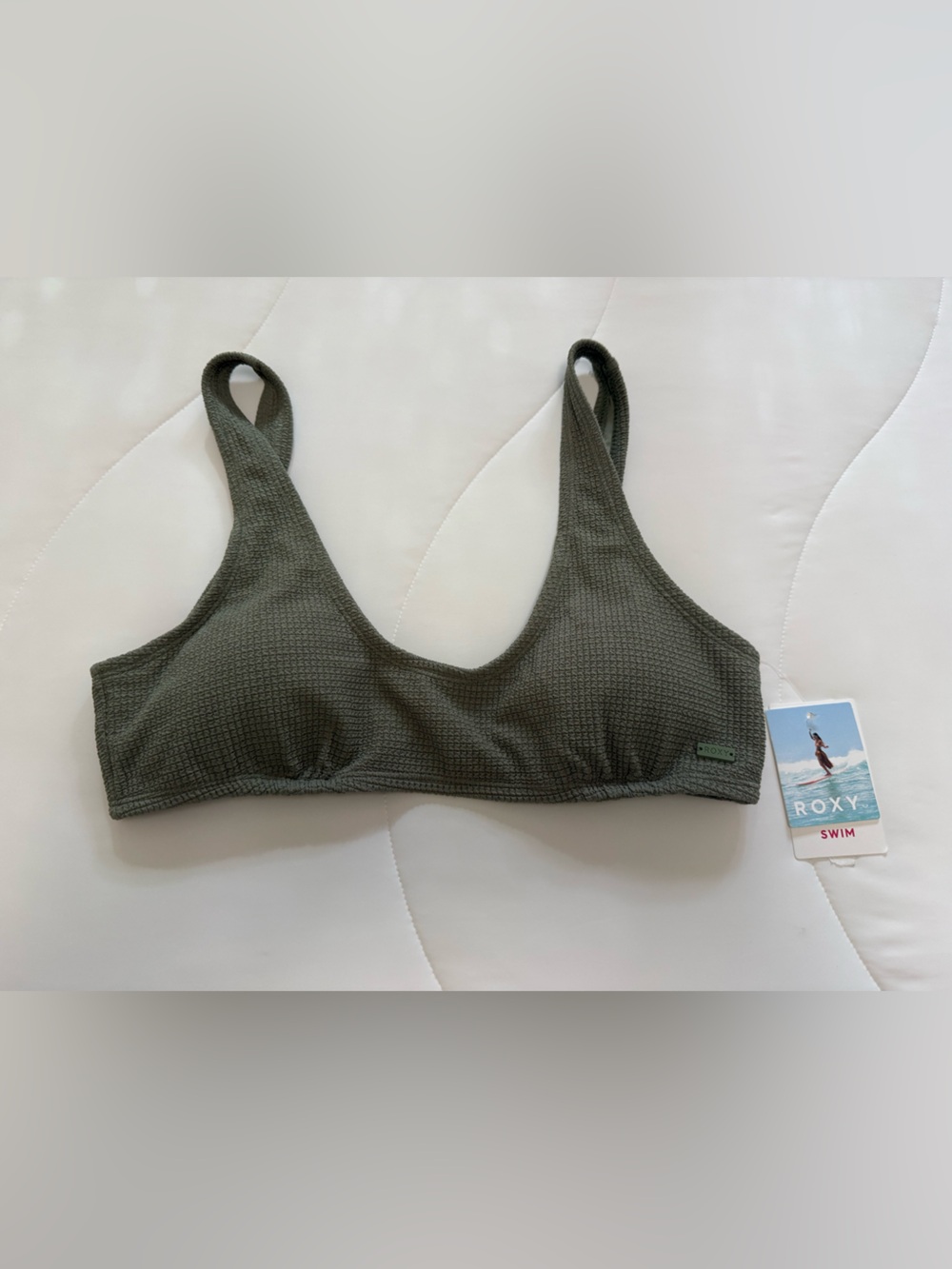 Roxy Olive Green Textured Scoop Bikini Top